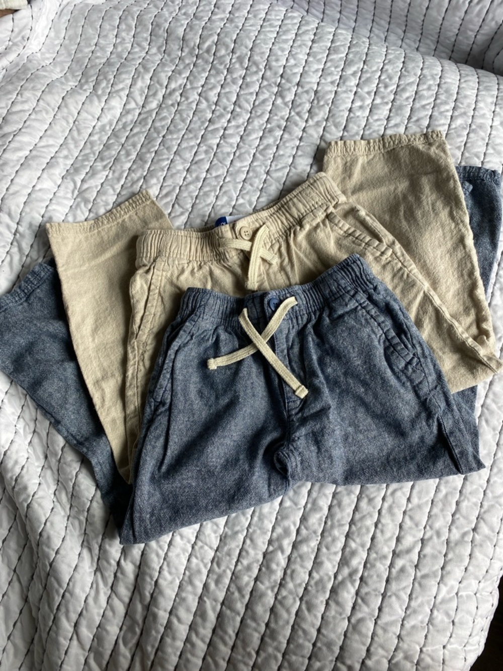 Kids Drawstring linen cotton blend pants - Blue and Beige